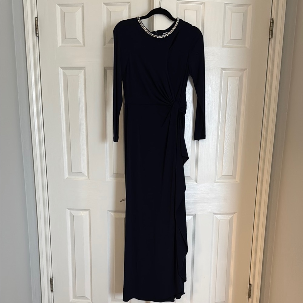 Tahari Navy Long Sleeve Dress with Embellished Neckline